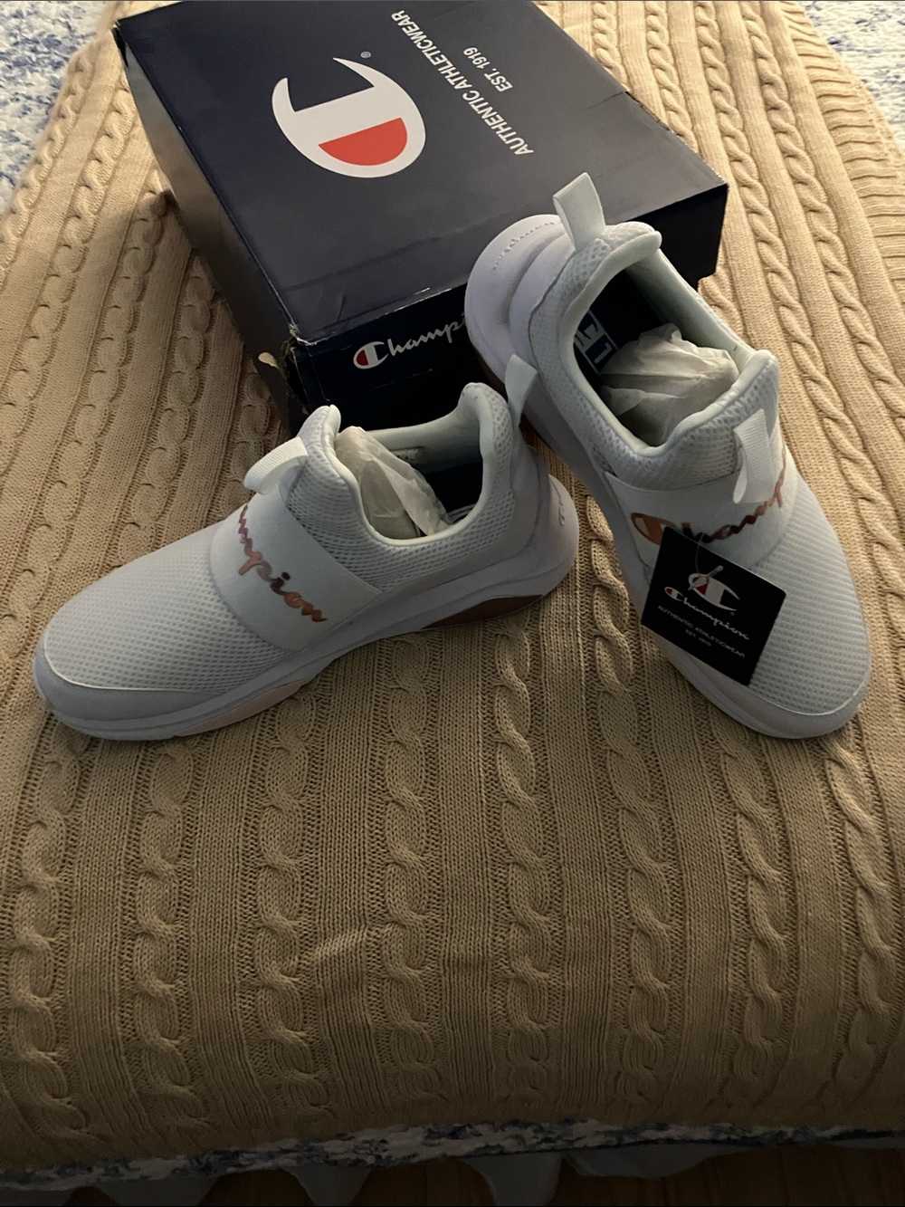 Champion White Slip-On Mesh Sneakers with Rose Gold Script Accent